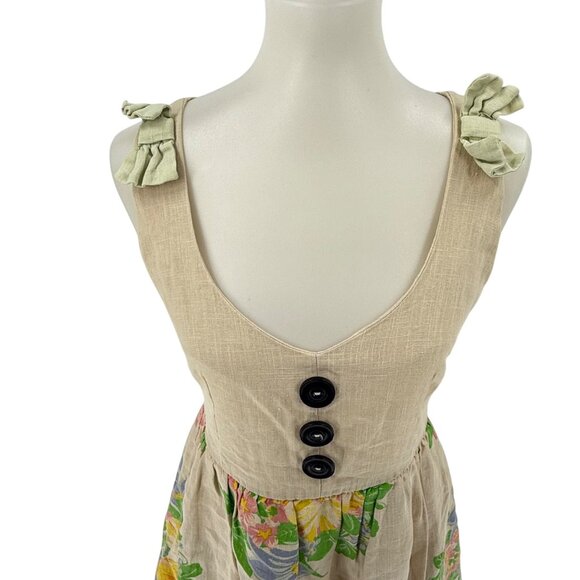Floral Print Sleeveless Linen Dress With Button Details & Bow Straps - Picture 3 of 10
